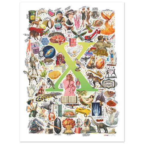 "X is for Xanadu" — a Renard Roux alphabet poster with English X words (chartreuse version)