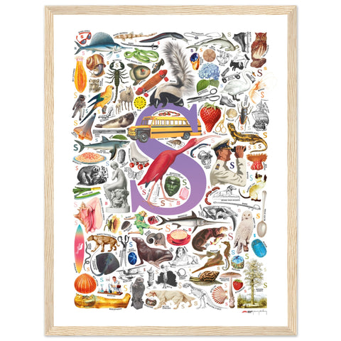 "S is for Surprise" — a Renard Roux alphabet poster with English S words (purple version)