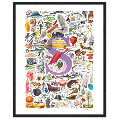 "S is for Surprise" — a Renard Roux alphabet poster with English S words (purple version)