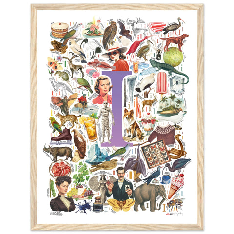 "I is for Imagination" — a Renard Roux alphabet poster with English I words (purple version)
