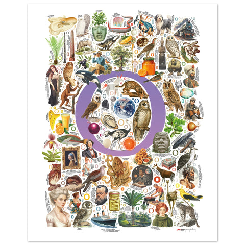 "O is for Original" — a Renard Roux alphabet poster with English O words (purple version)