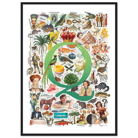 "Q is for Quest" — a Renard Roux alphabet poster with English Q words (green version)