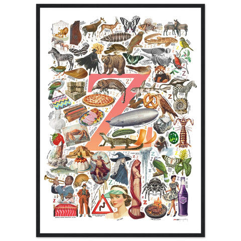 "Z is for Zenith" — a Renard Roux alphabet poster with English Z words (red version)