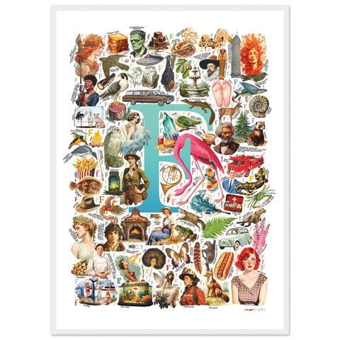 "F is for Festive" — a Renard Roux alphabet poster with English F words (turquoise version)