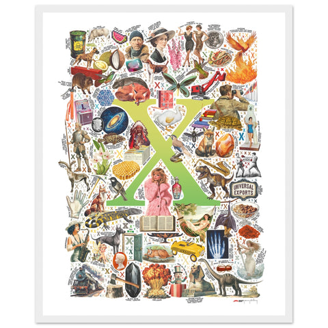 "X is for Xanadu" — a Renard Roux alphabet poster with English X words (chartreuse version)