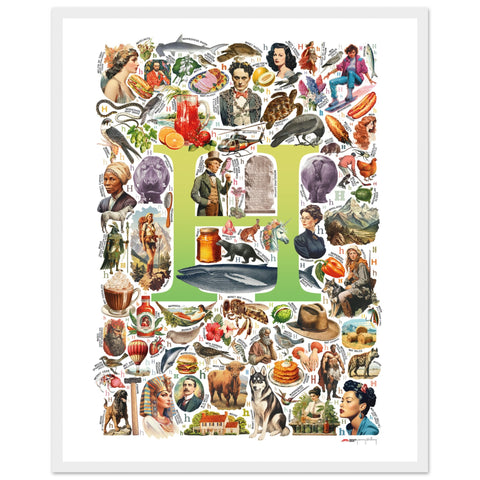 "H is for Heroes" — a Renard Roux alphabet poster with English H words (chartreuse version)