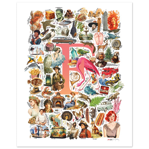 "F is for Festive" — a Renard Roux alphabet poster with English F words (red version)