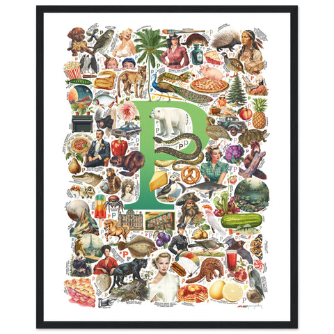 "P is for Pioneer" — a Renard Roux alphabet poster with English P words (green version)