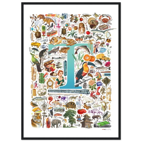 "T is for Treasure" — a Renard Roux alphabet poster with English T words (turquoise version)