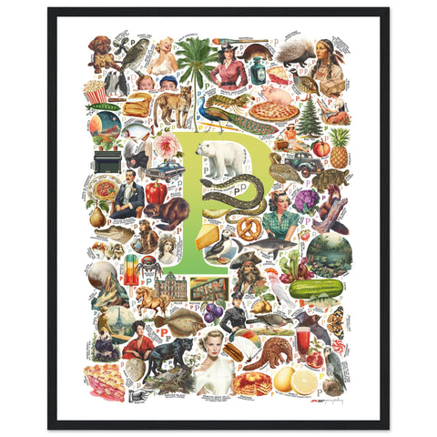 "P is for Pioneer" — a Renard Roux alphabet poster with English P words (chartreuse version)