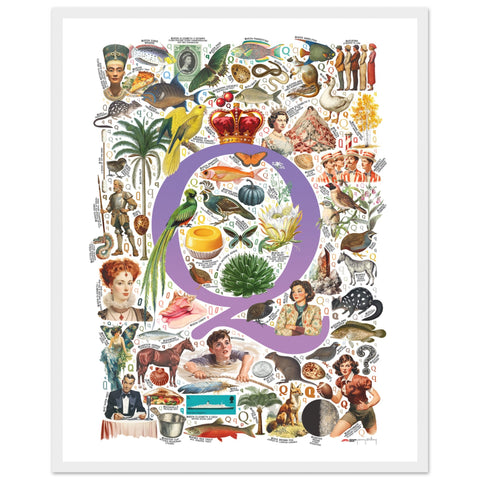 "Q is for Quest" — a Renard Roux alphabet poster with English Q words (purple version)