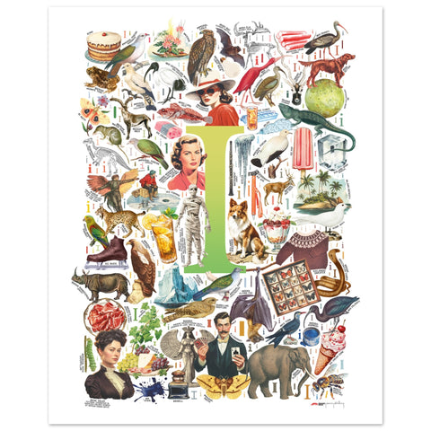 "I is for Imagination" — a Renard Roux alphabet poster with English I words (chartreuse version)
