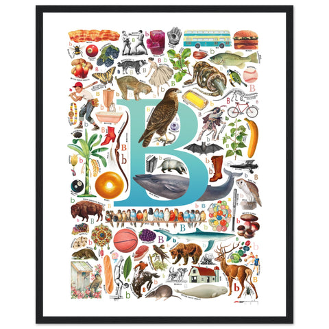 "B is for Brave" — a Renard Roux alphabet poster with English B words (turquoise version)