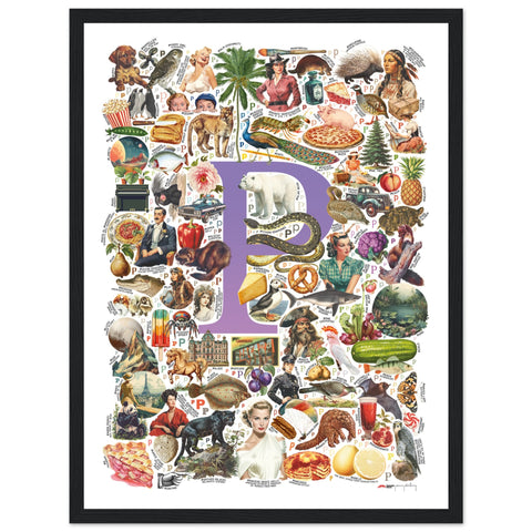 "P is for Pioneer" — a Renard Roux alphabet poster with English P words (purple version)