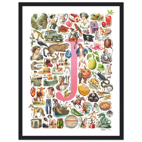 "J is for Journey" — a Renard Roux alphabet poster with English J words (pink version)