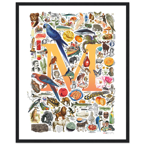 "M is for Magical" — a Renard Roux alphabet poster with English M words (yellow version)