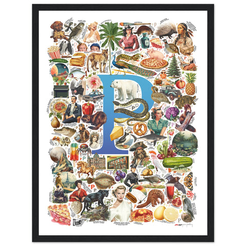 "P is for Pioneer" — a Renard Roux alphabet poster with English P words (blue version)