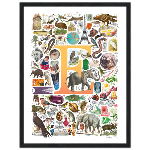 "E is for Explore" — a Renard Roux alphabet poster with English E words (yellow version)