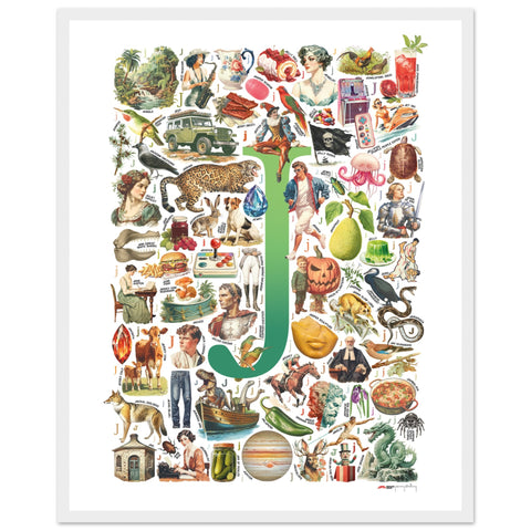 "J is for Journey" — a Renard Roux alphabet poster with English J words (green version)