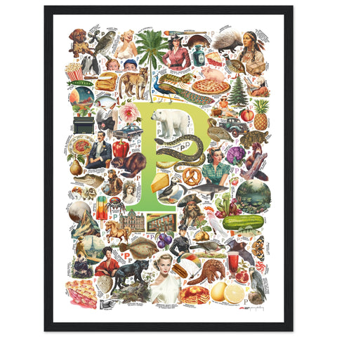"P is for Pioneer" — a Renard Roux alphabet poster with English P words (chartreuse version)