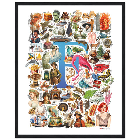 "F is for Festive" — a Renard Roux alphabet poster with English F words (blue version)