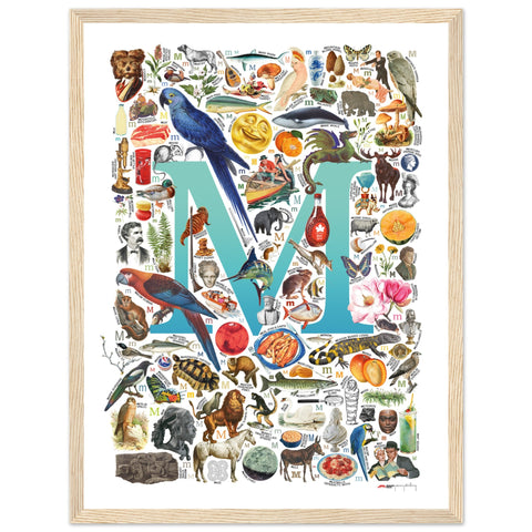 "M is for Magical" — a Renard Roux alphabet poster with English M words (turquoise version)