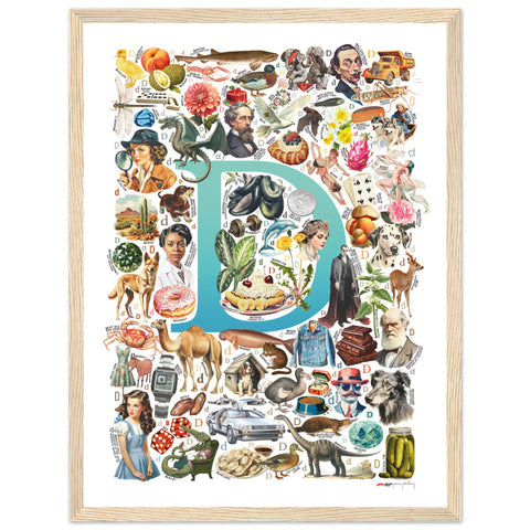"D is for Discovery" — a Renard Roux alphabet poster with English D words (turquoise version)