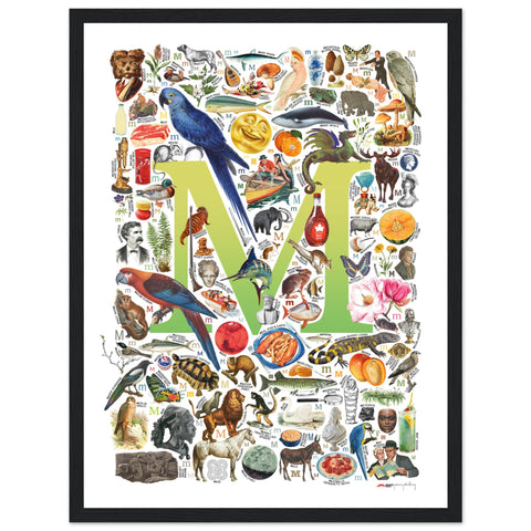 "M is for Magical" — a Renard Roux alphabet poster with English M words (chartreuse version)