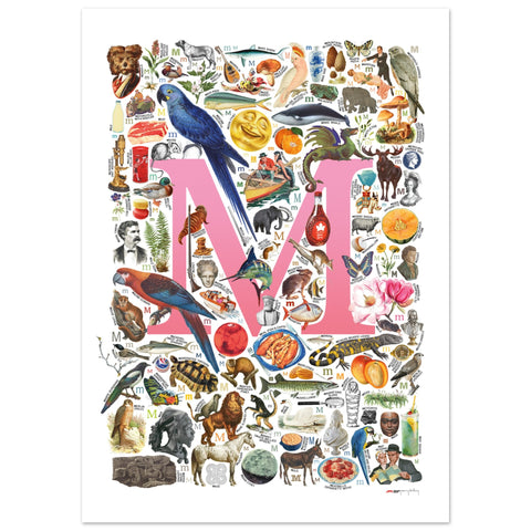 "M is for Magical" — a Renard Roux alphabet poster with English M words (pink version)