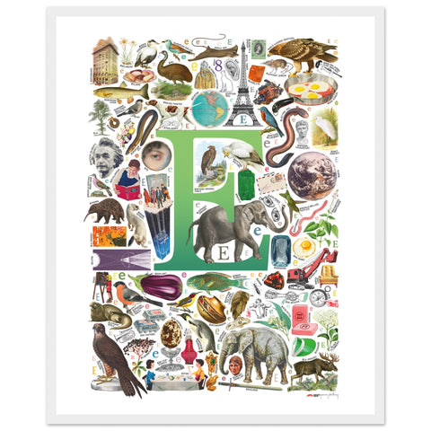 "E is for Explore" — a Renard Roux alphabet poster with English E words (green version)