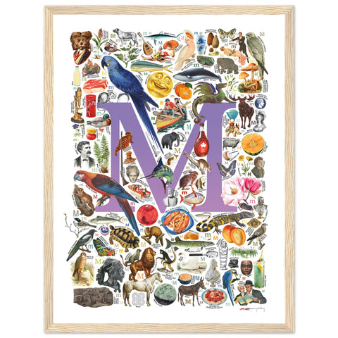 "M is for Magical" — a Renard Roux alphabet poster with English M words (purple version)