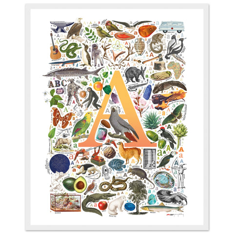 "A is for Adventure" — a Renard Roux alphabet poster with English A words (yellow version)