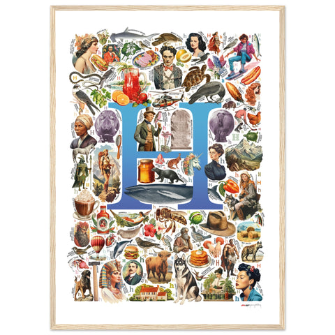 "H is for Heroes" — a Renard Roux alphabet poster with English H words (blue version)