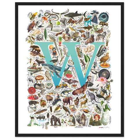 "W is for Wonder" — a Renard Roux alphabet poster with English W words (turquoise version)