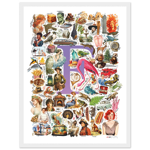 "F is for Festive" — a Renard Roux alphabet poster with English F words (purple version)