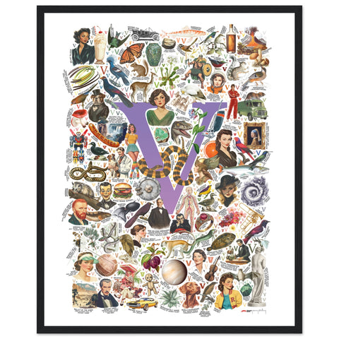 "V is for Voyage" — a Renard Roux alphabet poster with English V words (purple version)