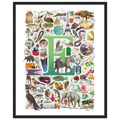 "E is for Explore" — a Renard Roux alphabet poster with English E words (green version)