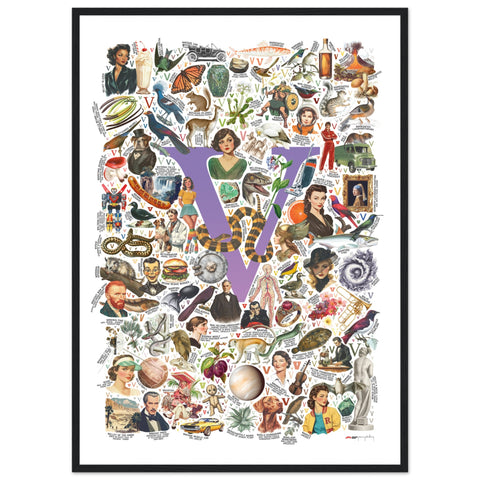 "V is for Voyage" — a Renard Roux alphabet poster with English V words (purple version)