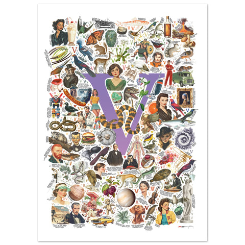 "V is for Voyage" — a Renard Roux alphabet poster with English V words (purple version)