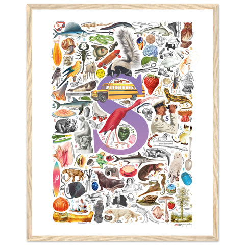 "S is for Surprise" — a Renard Roux alphabet poster with English S words (purple version)