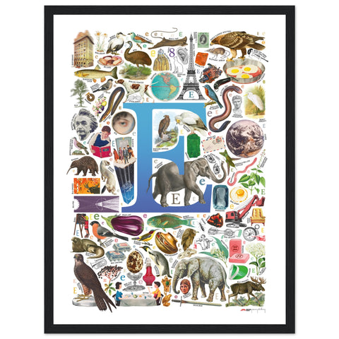 "E is for Explore" — a Renard Roux alphabet poster with English E words (blue version)