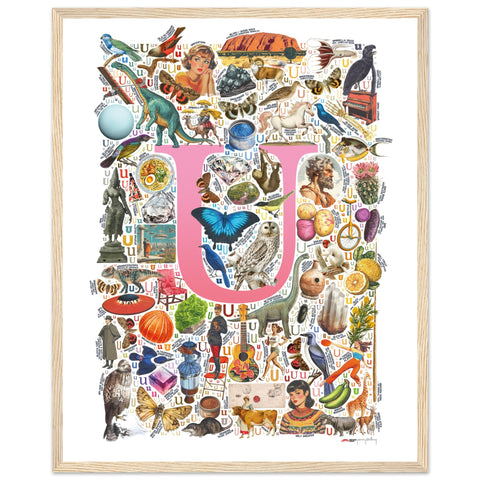 "U is for Unique" — a Renard Roux alphabet poster with English U words (pink version)