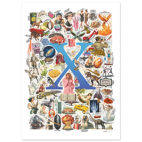 "X is for Xanadu" — a Renard Roux alphabet poster with English X words (blue version)