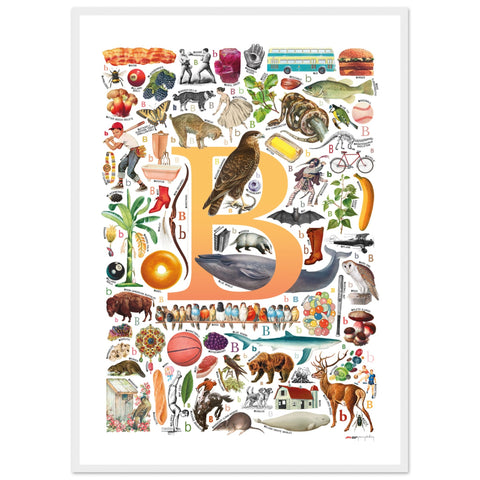 "B is for Brave" — a Renard Roux alphabet poster with English B words (yellow version)