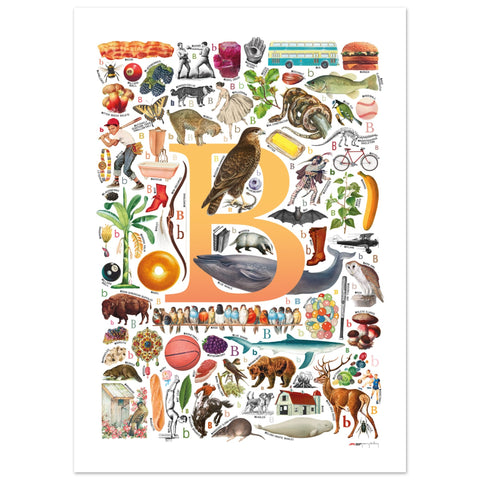 "B is for Brave" — a Renard Roux alphabet poster with English B words (yellow version)