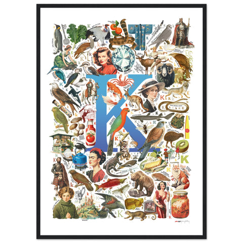 "K is for Keen" — a Renard Roux alphabet poster with English K words (blue version)