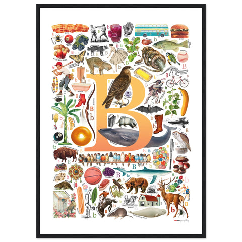 "B is for Brave" — a Renard Roux alphabet poster with English B words (yellow version)