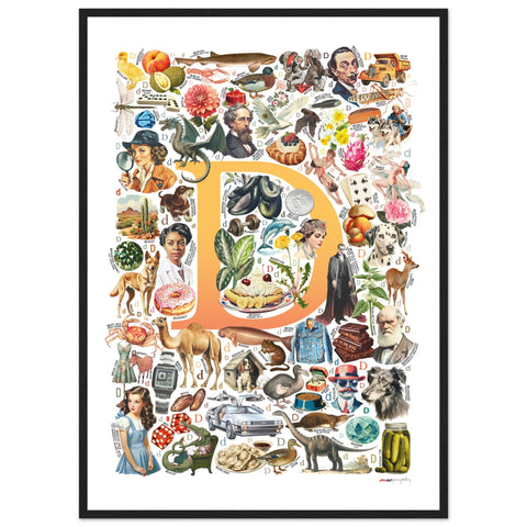 "D is for Discovery" — a Renard Roux alphabet poster with English D words (yellow version)