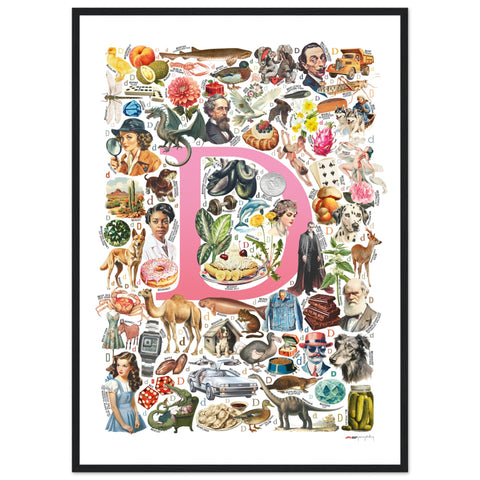 "D is for Discovery" — a Renard Roux alphabet poster with English D words (pink version)
