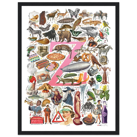 "Z is for Zenith" — a Renard Roux alphabet poster with English Z words (pink version)